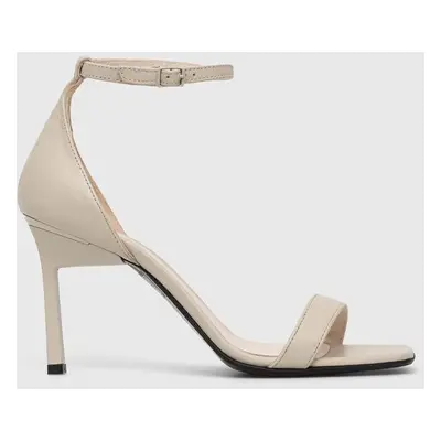 Kožené sandály Calvin Klein GEO STILETTO SANDAL béžová barva, HW0HW01610