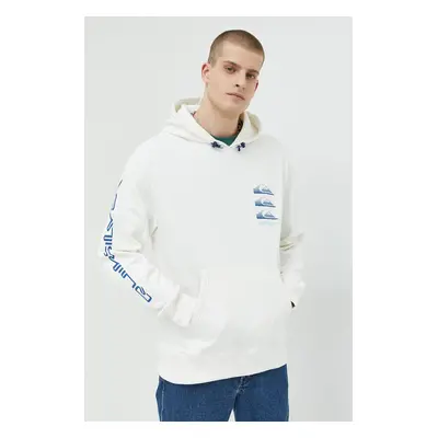 Bavlněná mikina Quiksilver pánská, bílá barva, s kapucí, s potiskem