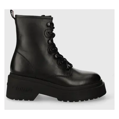 Kožené workery Tommy Jeans TJW LACE UP BOOT CHUNKY dámské, černá barva, na platformě, EN0EN02404