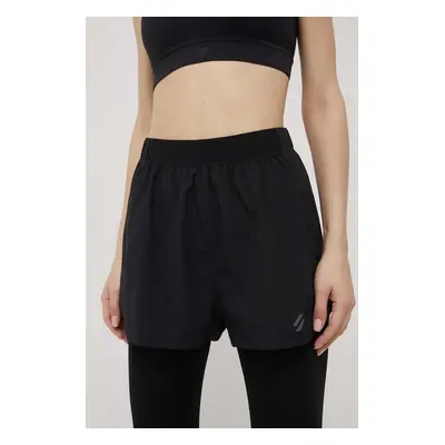 Kraťasy Superdry dámské, černá barva, hladké, high waist