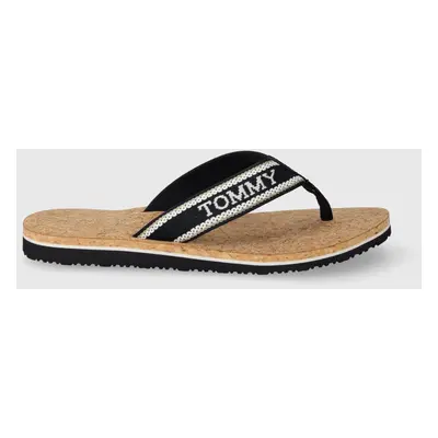 Žabky Tommy Hilfiger HILFIGER CORK BEACH SANDAL dámské, tmavomodrá barva, na plochém podpatku, F