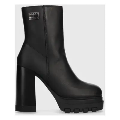 Kožené kotníkové boty Tommy Jeans TJW HIGH HEEL ANKLE BOOT dámské, černá barva, na podpatku, EN0