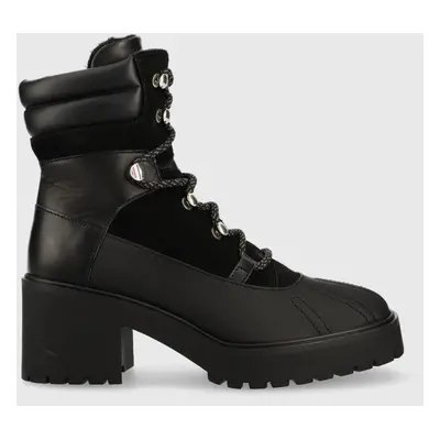 Kožené kotníkové boty Tommy Hilfiger Heel Laced Outdoor Boot dámské, černá barva, na podpatku, l