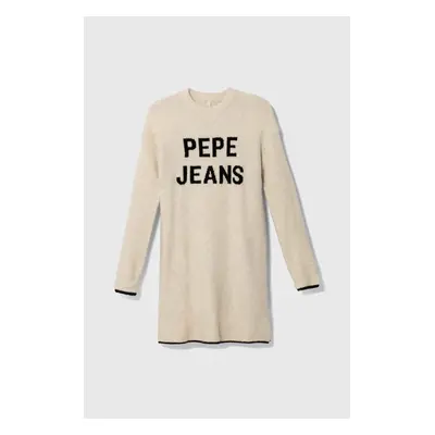 Dětské šaty s příměsí vlny Pepe Jeans béžová barva, mini, oversize