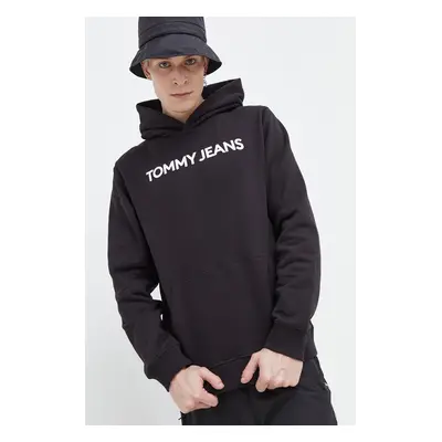 Bavlněná mikina Tommy Jeans pánská, černá barva, s kapucí, s potiskem, DM0DM18413