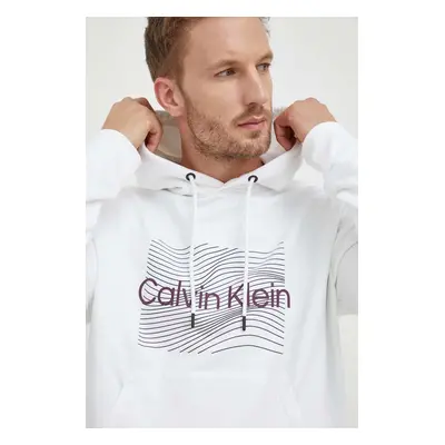 Bavlněná mikina Calvin Klein pánská, bílá barva, s kapucí, s potiskem