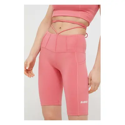 Kraťasy Guess dámské, růžová barva, hladké, high waist