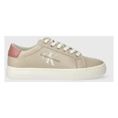 Kožené sneakers boty Calvin Klein Jeans CLASSIC CUPSOLE LACE UP béžová barva, YW0YW01269