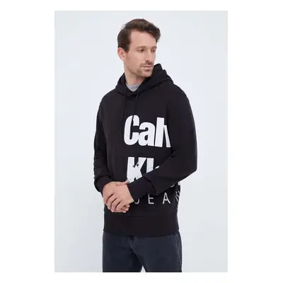 Bavlněná mikina Calvin Klein Jeans pánská, černá barva, s kapucí, s potiskem