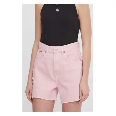 Džínové šortky Pepe Jeans A-LINE SHORT UHW CLR dámské, růžová barva, hladké, high waist, PL80112