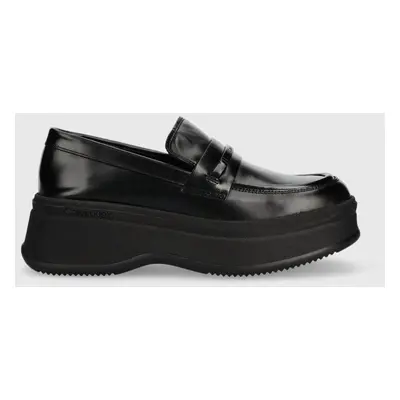 Kožené mokasíny Calvin Klein PITCHED LOAFER W/HW dámské, černá barva, na platformě, HW0HW01817