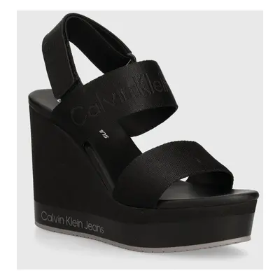 Sandály Calvin Klein Jeans WEDGE SANDAL WEBBING IN MR černá barva, YW0YW01360