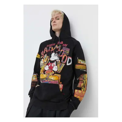 Bavlněná mikina Desigual MICKEY BAD MOOD pánská, černá barva, s kapucí, s potiskem, 24SMSK15