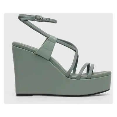 Kožené sandály Calvin Klein WEDGE zelená barva, HW0HW01952