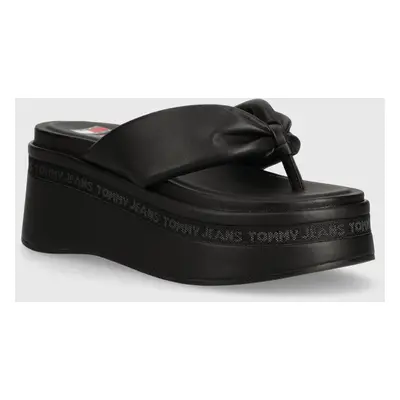 Žabky Tommy Jeans TJW WEDGE SANDAL dámské, černá barva, na platformě, EN0EN02457