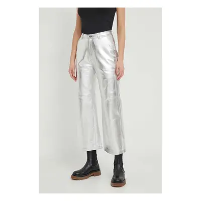 Kožené kalhoty Pepe Jeans SASHA SILVER dámské, stříbrná barva, jednoduché, high waist, PL211694