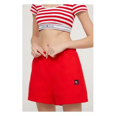 Bavlněné šortky Tommy Jeans červená barva, hladké, high waist, DW0DW17772