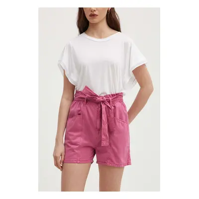 Kraťasy Pepe Jeans VALLE dámské, růžová barva, hladké, high waist, PL801097