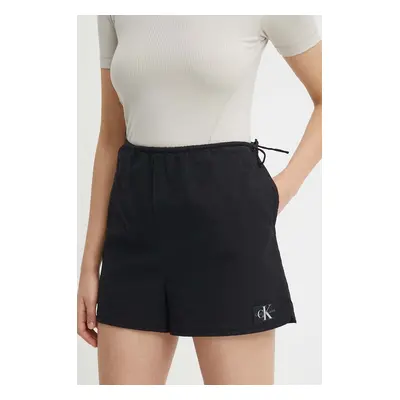 Bavlněné šortky Calvin Klein Jeans černá barva, hladké, high waist, J20J223424