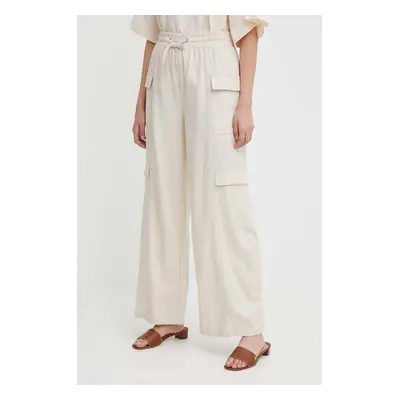 Plátěné kalhoty Dkny béžová barva, jednoduché, high waist, DJ4P3015