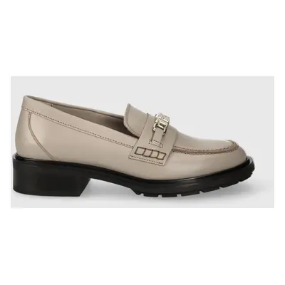 Kožené mokasíny Tommy Hilfiger TH HARDWARE LOAFER dámské, šedá barva, na plochém podpatku, FW0FW