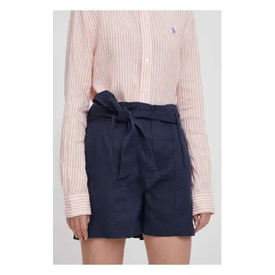 Plátěné kraťasy Lauren Ralph Lauren tmavomodrá barva, hladké, high waist, 200862092