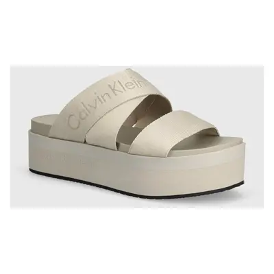 Pantofle Calvin Klein Jeans FLATFORM SANDAL WEBBING IN MR dámské, béžová barva, na platformě, YW