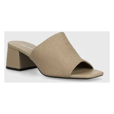 Pantofle Calvin Klein HEEL MULE 45 MONOCQ dámské, béžová barva, na podpatku, HW0HW01936