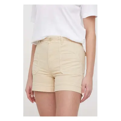 Kraťasy Pepe Jeans VALENTINA dámské, béžová barva, hladké, high waist, PL801096