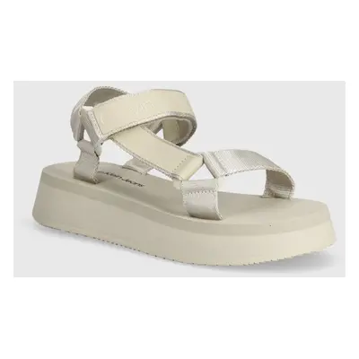 Sandály Calvin Klein Jeans SANDAL VELCRO WEBBING DC dámské, béžová barva, na platformě, YW0YW013