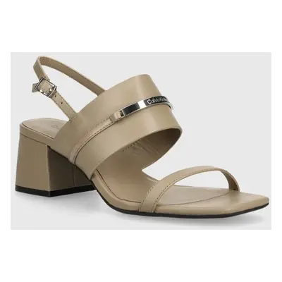 Kožené sandály Calvin Klein HEEL SANDAL 45 MET BAR LTH béžová barva, HW0HW02056