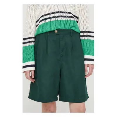 Šortky s příměsí lnu Tommy Hilfiger zelená barva, high waist, WW0WW41771