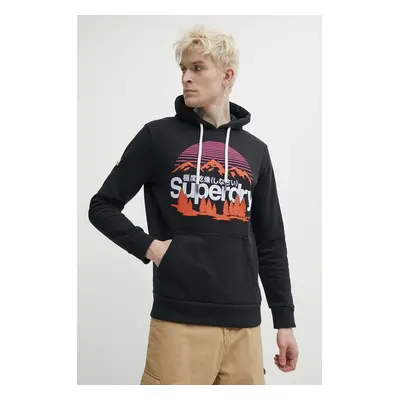 Mikina Superdry pánská, černá barva, s kapucí, s aplikací