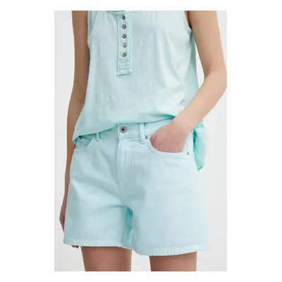 Džínové šortky Pepe Jeans STRAIGHT SHORT HW dámské, tyrkysová barva, hladké, high waist, PL80110