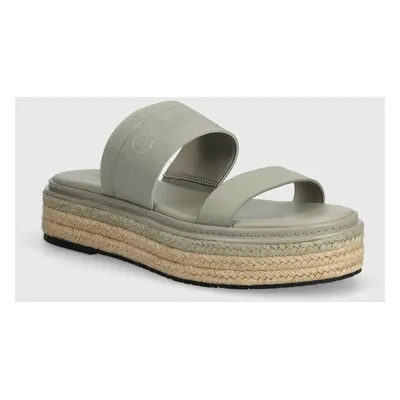 Pantofle Calvin Klein WEDGE SLIDE HE dámské, šedá barva, na platformě, HW0HW01966