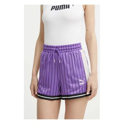 Kraťasy Puma T7 dámské, fialová barva, vzorované, high waist, 624345