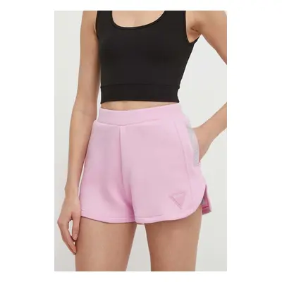 Kraťasy Guess KIARA dámské, růžová barva, s aplikací, high waist, V4GD16 FL04P