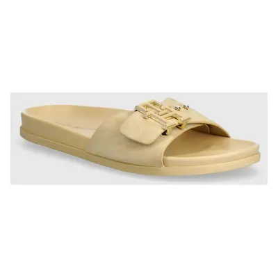 Semišové pantofle Tommy Hilfiger TH HARDWARE SUEDE FLAT SANDAL dámské, béžová barva, FW0FW07935