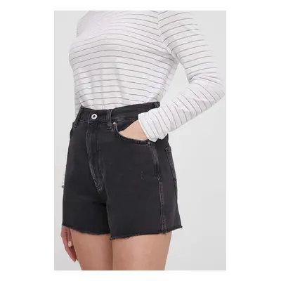 Džínové šortky Pepe Jeans A-LINE SHORT UHW dámské, černá barva, hladké, high waist, PL801112RH5