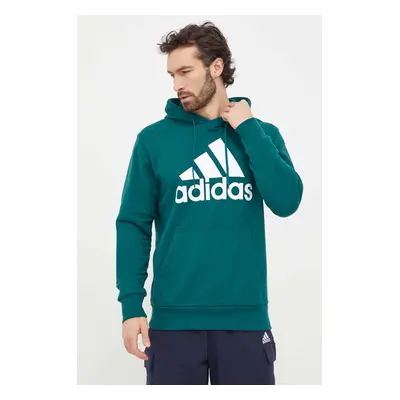 Bavlněná mikina adidas pánská, zelená barva, s kapucí, s potiskem, IS1354