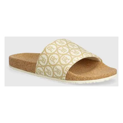 Pantofle Tommy Hilfiger TH EMBLEM CORK SLIDE dámské, béžová barva, FW0FW07848