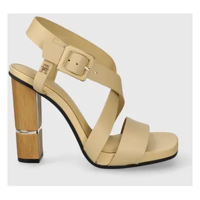 Kožené sandály Tommy Hilfiger HARDWARE BLOCK HIGH HEEL béžová barva, FW0FW07016