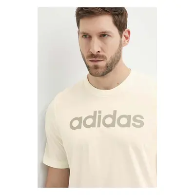 Bavlněné tričko adidas béžová barva, s potiskem, IS1345