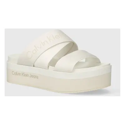 Pantofle Calvin Klein Jeans FLATFORM SANDAL WEBBING IN MR dámské, béžová barva, na platformě, YW