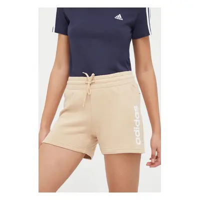 Bavlněné šortky adidas béžová barva, s potiskem, high waist, IS2079