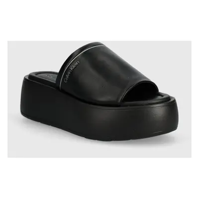 Kožené pantofle Calvin Klein FLATFORM SLIDE LTH dámské, černá barva, na platformě, HW0HW01943