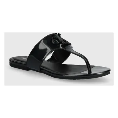 Žabky Calvin Klein Jeans FLAT SANDAL SLIDE TOEPOST MG MET dámské, černá barva, na plochém podpat