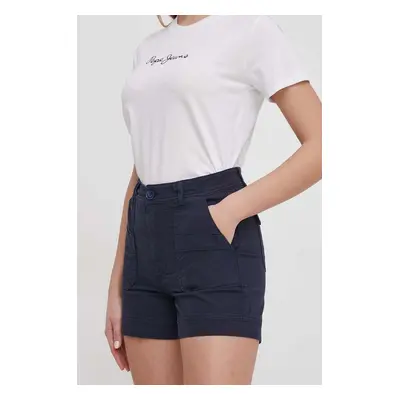 Kraťasy Pepe Jeans VALENTINA dámské, tmavomodrá barva, hladké, high waist, PL801096