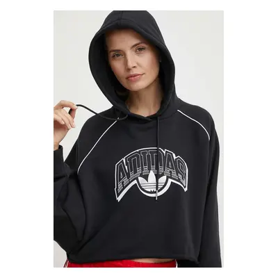 Bavlněná mikina adidas Originals dámská, černá barva, s kapucí, s potiskem, IT9772