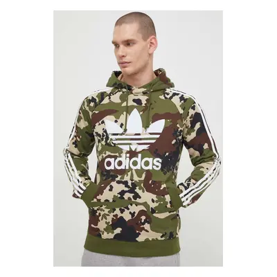 Mikina adidas Originals pánská, zelená barva, s kapucí, vzorovaná, IS0209